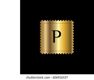 Golden postal stamp vector template with letter P