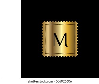 Golden postal stamp vector template with letter M