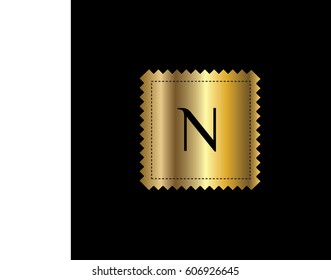 Golden postal stamp vector template with letter N
