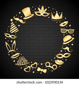 Golden poster with funny party icons. Carnival party and photobooth. Vector.