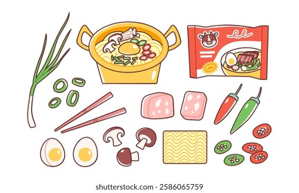 Golden pot of cooked instant ramen and ingredients one can add to it, like scallions, chili, ham, eggs. Vector illustration of tasty Asian noodles for dinner. Isolated elements on white background. 