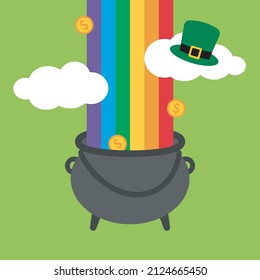 Oro en el final del arcoiris para el Día de San Patricio. Nubes y arcoíris multicolores con sombrero Leprechaun y monedas de oro. El tesoro de oro de Cauldron. Parte de un conjunto irlandés del Día de San Patricio.