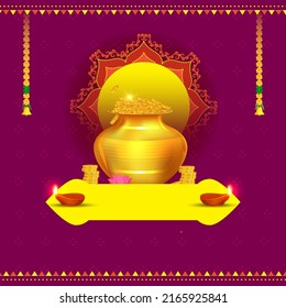 Golden Pot Full Of Coins With Lotus Flower, Lit Oil Lamps (Diya), Marigold Garland (Toran) And Copy Space On Purple Background.