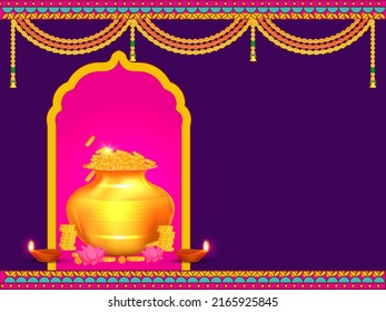 Golden Pot Full Of Coins With Lotus Flower, Lit Oil Lamps (Diya), Marigold Garland (Toran) And Copy Space On Pink And Purple Background.