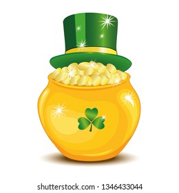 A Golden pot full of money. The Magic Rainbow. Banker's hat with coins. a bunch of clover. Lots of coins. vector