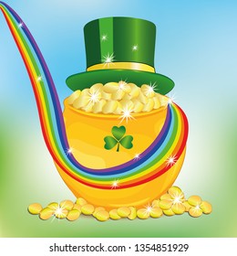 A Golden pot full of money. The Magic Rainbow. Banker's hat with coins. a bunch of clover. Lots of coins. vector