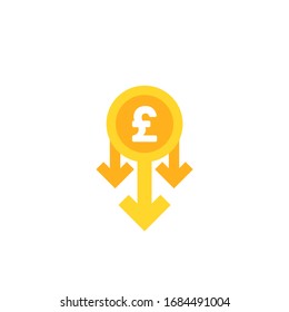 golden pound sterling coin and down arrows. Flat vector icon isolated on white. Economy, finance, money symbol. Currency pictogram. Vector illustration. decrease, fall symbol.