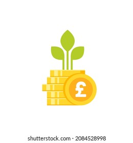 Golden pound sterling coins stack and growing sprouts with green leaves. vector icon. Income growth flat icon. Isolated on white. Investment, finance, money symbol. Currency pictogram. 
