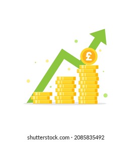 golden pound sterling coins stack with arrow up. Flat icon isolated on white. Economy, finance, money, investment symbol. Currency growth diagram concept. Vector illustration.