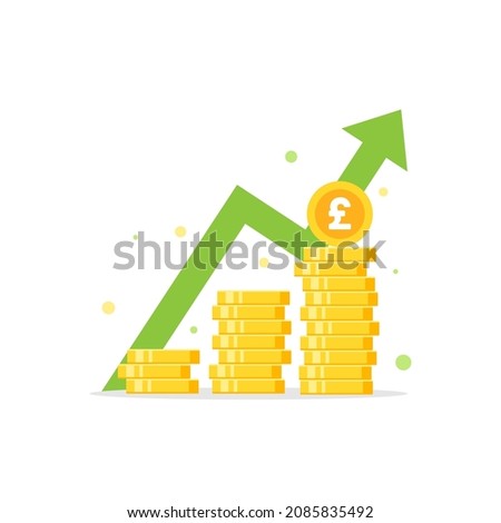 golden pound sterling coins stack with arrow up. Flat icon isolated on white. Economy, finance, money, investment symbol. Currency growth diagram concept. Vector illustration.