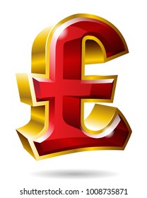Golden pound sterling symbol in 3D style isolated on white background. Vector illustration.