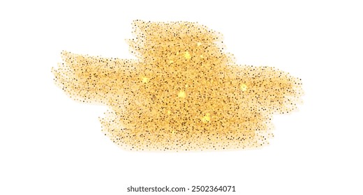 Golden powder, glitter sparkles, grainy dot particles glowing. Abstract grunge shape isolated on white background.  Scattered gold sand, powder splash. Vector illustration