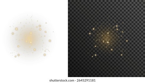 Golden powder settles on invisible winter wind. Magic flicker pulses through transparent holiday sky. Twinkling motes drift with grace and peace. Radiant aura surrounds soft glowing horizon. Luminous 