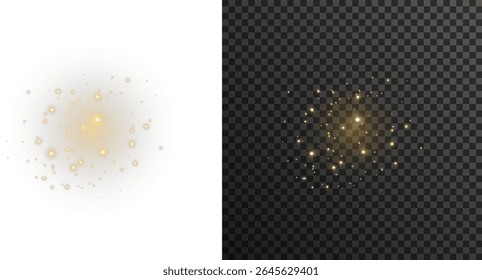 Golden powder settles on invisible winter wind. Magic flicker pulses through transparent holiday sky. Twinkling motes drift with grace and peace. Radiant aura surrounds soft glowing horizon. Luminous 