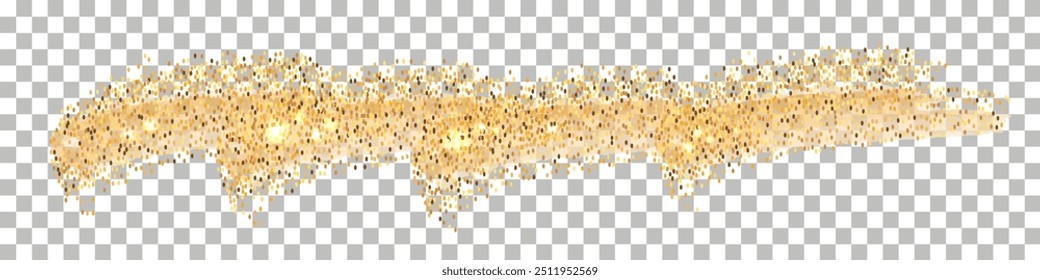 Golden powder splash with sparkle glitter, Abstract brush strokes, grainy dot particles, yellow sand with shimmer effect. Isolated on transparent background. Vector illustration