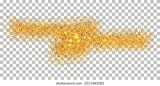 Golden powder splash with sparkle glitter, Abstract brush strokes, grainy dot particles, yellow sand with shimmer effect. Isolated on transparent background. Vector illustration