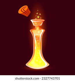 Golden power elixir or luck cure potion cartoon style vector illustration. Yellow Liquid in a lab bottle or witchcraft power poison