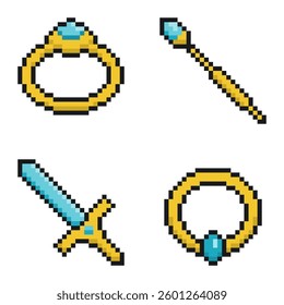 Golden Precious Artifact Items, Pixel Art Icon Set