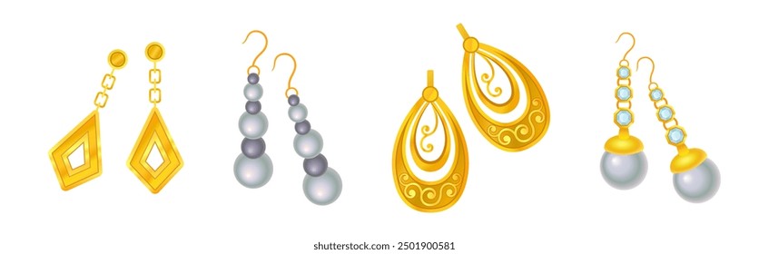 Goldener Edelschmuck mit Ohrringen mit Gem Vector Set