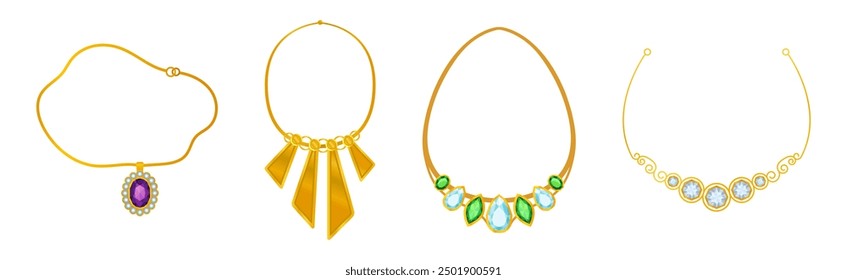 Golden Precious Jewelry with Necklace and Gem Vector Set