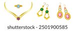 Golden Precious Jewelry with Necklace, Ring and Earring with Gem Vector Set