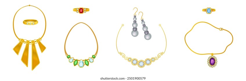 Golden Precious Jewelry with Necklace, Ring and Earring with Gem Vector Set