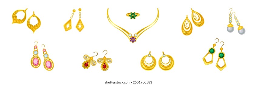 Golden Precious Jewelry with Necklace, Ring and Earring with Gem Vector Set