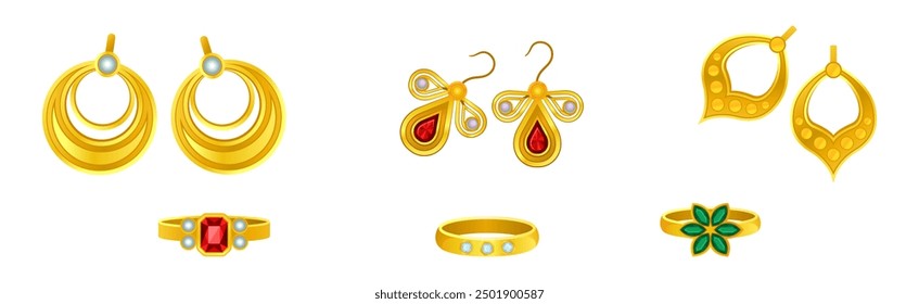 Golden Precious Jewelry with Ring and Earring with Gem Vector Set