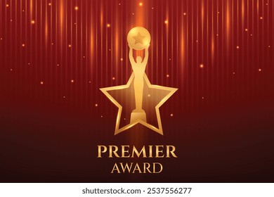 Golden Premier Luxury Award mit leuchtendem Lichtstrahl auf rotem Hintergrund. Royal Theme Movie, Television Icon Award Celebration Concept Design Vektorgrafik