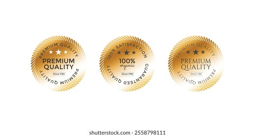 Golden Premium Badges for 100% Quality, Satisfaction Guarantee, etc. Premium Golden Badges for 100% Quality Assurance, Satisfaction Guarantee, and Exclusive Service Labels