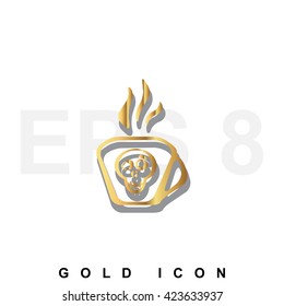 Golden premium Coffee cup or mug icon graphic web design element or logo template. Vector royal luxury symbol for business, internet, decoration. Modern abstract glittering metallic emblem