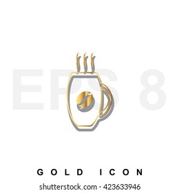Golden premium Coffee cup or mug icon graphic web design element or logo template. Vector royal luxury symbol for business, internet, decoration. Modern abstract glittering metallic emblem