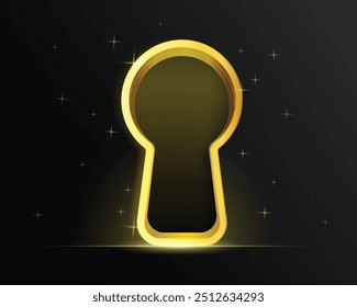 Golden premium glowing keyhole vector. Secret of wealth, way, privacy, path idea concept.