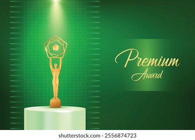 Golden Premium Luxury Award With Glowing Spotlight Beam On Green Background. Royal Ethnic Theme Elements Concept Design Vector Illustration For Grand Music Concert, Movie, Party, Festival Celebration 