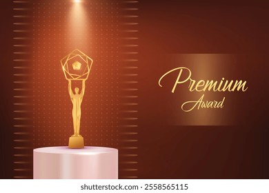 Golden Premium Luxury Award With Glowing Spotlight Beam On Brown Background. Royal Ethnic Theme Elements Concept Design Vector Illustration For Grand Music Concert, Movie, Party, Festival Celebration 