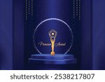 Golden Premium Luxury Award On Podium With Hanging Lights On Dark Blue Background. Royal Theme Concept Design Vector Illustration For Movie, Television Award, Festival Celebration Etc.