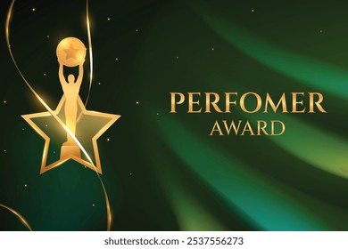 Golden Premium Luxury Award On Green Abstract Background. Grand Vibe Movie, Television Icon Award Celebration Concept Design Vector Illustration