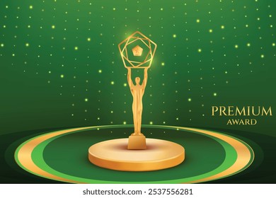 Golden Premium Luxury Award On Podium With Glowing Bling Lights On Green Background. Royal Theme Movie, Television Icon Award Celebration Concept Design Vector Illustration