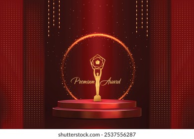 Prêmio De Ouro De Luxo No Pódio Com Luzes Penduradas No Fundo Vermelho Escuro. Ilustração De Vetor De Design De Conceito De Tema Real Para O Filme, Prêmio De Televisão, Celebração Do Festival Etc.