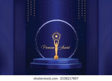 Golden Premium Luxury Award On Podium With Hanging Lights On Dark Blue Background. Royal Theme Concept Design Vector Illustration For Movie, Television Award, Festival Celebration Etc.