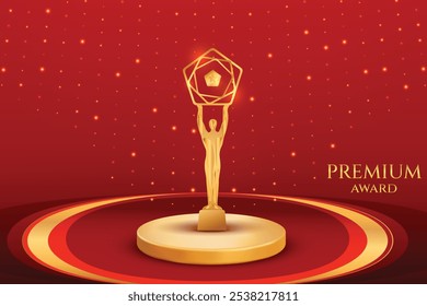 Golden Premium Luxury Award On Podium With Glowing Bling Lights On Red Background. Royal Theme Movie, Television Icon Award Celebration Concept Design Vector Illustration