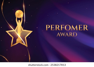 Golden Premium Luxury Award On Purple Abstract Background (Prêmio de Ouro de Luxo sobre fundo roxo abstrato). Grand Vibe Movie, Prêmio de Ícone de Televisão Celebração Conceito Design Vetor Ilustração