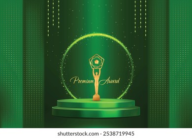 Premio Golden Premium Luxury En El Podio Con Luces Colgantes Sobre Fondo Verde Oscuro. Ilustración vectorial De Diseño Del Concepto Del Tema Real Para La Película, El Premio Televisivo, La Celebración Del Festival Etc.