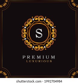 Golden Premium Luxury Mandala Badge Letter S Logo Design. Elegance Ornate Decoration Madala Badge On Gold Frame  . 