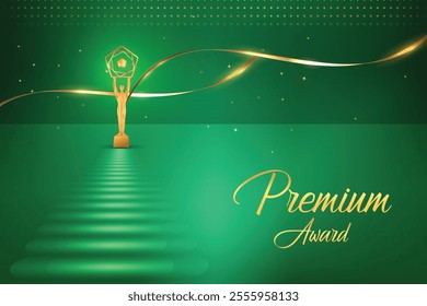 Golden Premium Luxury On Carpet Green Abstract Background. Royal Ethnic Theme Elements Concept Design Vector Illustration For Grand Music Concert, Movie, Party, Festival Celebration Etc.