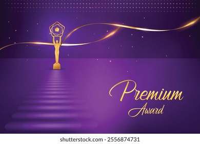 Golden Premium Luxury On Carpet Purple Abstract Background. Royal Ethnic Theme Elements Concept Design Vector Illustration For Grand Music Concert, Movie, Party, Festival Celebration Etc.