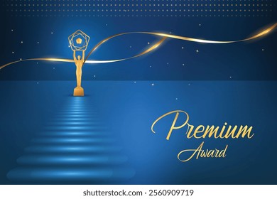 Golden Premium Luxury On Carpet Blue Abstract Background. Royal Ethnic Theme Elements Concept Design Vector Illustration For Grand Music Concert, Movie, Party, Festival Celebration Etc.