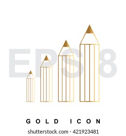 Golden premium Pencil icon graphic web design element or logo template. Vector royal luxury symbol for business, internet, decoration. Modern abstract glittering metallic emblem