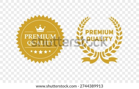 Golden premium quality badges isolated on transparent background. Luxury award seal labels for branding, packaging and certification use.