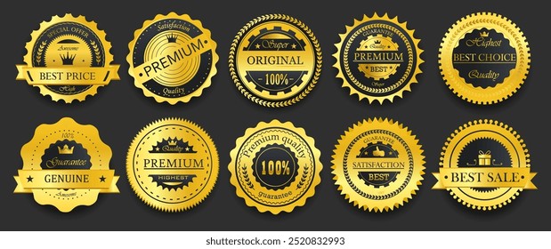 Golden premium quality badges. Luxury emblems in retro style. Quality, guaranteed, genuine badges vintage decoration.